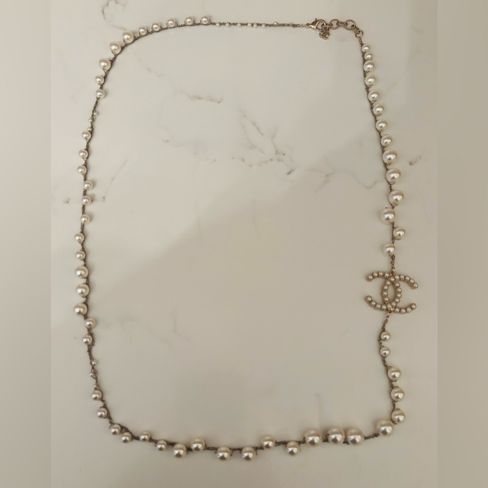 Authentic Chanel Pearl Necklace with Gold Accents